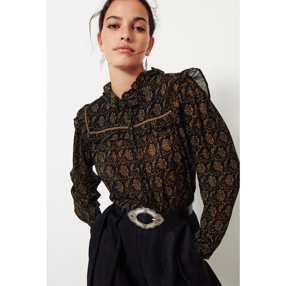 BA&SH Bora Print Blouse / Size 1 / US 4 / Small / Carbone Ruffled Shirt